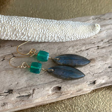 Load image into Gallery viewer, 14k Gold Filled Green Onyx & Labradorite Dangle Earrings