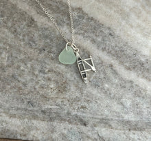 Load image into Gallery viewer, Sterling Silver Canoe Charm Necklace with Sea Glass Seafoam, White or Green Personalize Outrigger, Paddler, Watersports, Hawaii Outdoors