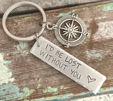Load image into Gallery viewer, I'd be lost without you keychain - Silver Aluminum Hand Stamped Bar Key Chain - Compass charm - Valentine's Day gift for him