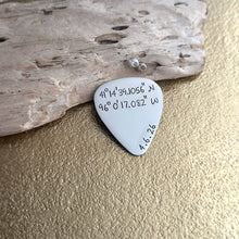Load image into Gallery viewer, Custom Coordinates guitar pick - Stainless steel - gift for him - Special location, Latitude Longitude, GPS coordinates - Personalized date