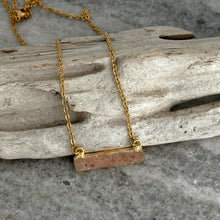Load image into Gallery viewer, Peach druzy crystal bar necklace with gold stainless steel textured chain