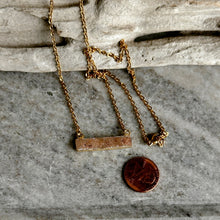 Load image into Gallery viewer, Peach druzy crystal bar necklace with gold stainless steel textured chain