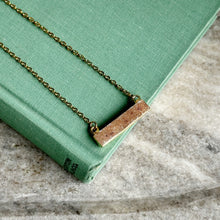 Load image into Gallery viewer, Peach druzy crystal bar necklace with gold stainless steel textured chain