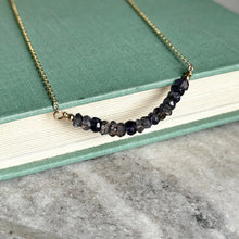 Load image into Gallery viewer, Iolite gemstone necklace - beaded bar necklace with 14k gold filled chain