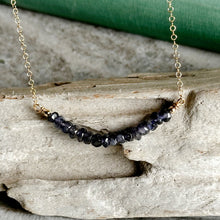 Load image into Gallery viewer, Iolite gemstone necklace - beaded bar necklace with 14k gold filled chain