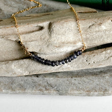 Load image into Gallery viewer, Iolite gemstone necklace - beaded bar necklace with 14k gold filled chain