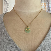 Load image into Gallery viewer, Mint green seafoam sea glass and gold anchor charm necklace, stainless steel chain