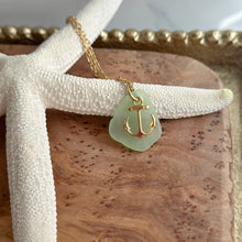 Load image into Gallery viewer, Mint green seafoam sea glass and gold anchor charm necklace, stainless steel chain