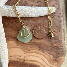 Load image into Gallery viewer, Mint green seafoam sea glass and gold anchor charm necklace, stainless steel chain