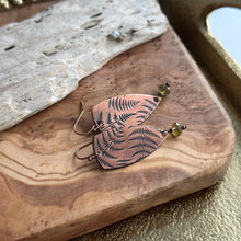 Load image into Gallery viewer, Copper fern dangle earrings with green crystals