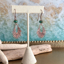 Load image into Gallery viewer, Copper textured fan dangle earrings with aqua teal green Czech glass beads - rustic earrings