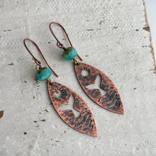 Load image into Gallery viewer, Copper textured whale tail dangle earrings with aqua teal Czech glass beads - rustic earrings sun and waves