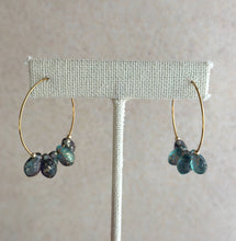 Load image into Gallery viewer, Purple and Teal Czech Glass Teardrop and Gold Stainless Steel Hoops, Bohemian Earrings, Colored Drops, Mermaid Earrings