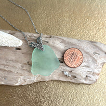 Load image into Gallery viewer, Mint Green Sea Glass necklace with Brass Triangle Bail and Stainless steel chain - Modern geometric jewelry