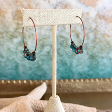Load image into Gallery viewer, Teal copper Glass Teardrop and Antiqued copper Hoops, Bohemian Earrings, Colored Drops, Ocean colored