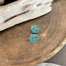 Load image into Gallery viewer, Copper Patina Monstera Leaf Earrings - Teal Green dangle earrings
