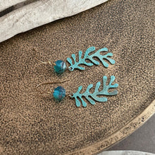 Load image into Gallery viewer, Teal Patina coral Earrings with blue Czech glass beads - Teal Green dangle gold earrings
