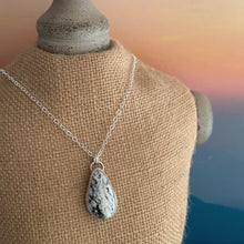 Load image into Gallery viewer, Whidbey Island Beach rock necklace with Whidbey Island cut out on back - black and white sterling silver
