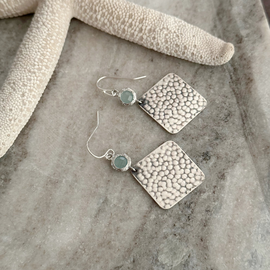 Silver square dangle earrings with aqua seafoam bezel set glass - hammer texture