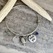Load image into Gallery viewer, beach girl, stainless steel adjustable engraved beach bangle bracelet with pewter sea turtle charm, genuine sea glass & crystal birthstone