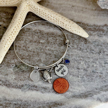 Load image into Gallery viewer, beach girl, stainless steel adjustable engraved beach bangle bracelet with pewter sea turtle charm, genuine sea glass & crystal birthstone
