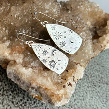 Load image into Gallery viewer, Sterling silver Celestial Spear Shaped Earrings - Moons and Stars Dangle Earrings