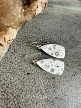 Load image into Gallery viewer, Sterling silver Celestial Spear Shaped Earrings - Moons and Stars Dangle Earrings