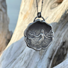 Load image into Gallery viewer, Fine Silver Mermaid holding laurel wreath pendant necklace