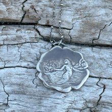 Load image into Gallery viewer, Fine Silver Mermaid holding laurel wreath pendant necklace