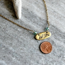 Load image into Gallery viewer, Gold mountain charm necklace - gold pewter with aqua Czech glass gems - Mountain Jewelry - stainless steel