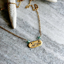 Load image into Gallery viewer, Gold mountain charm necklace - gold pewter with aqua Czech glass gems - Mountain Jewelry - stainless steel