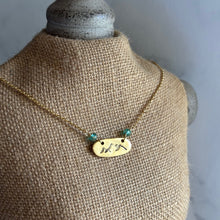 Load image into Gallery viewer, Gold mountain charm necklace - gold pewter with aqua Czech glass gems - Mountain Jewelry - stainless steel