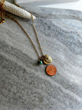 Load image into Gallery viewer, Gold shell fossil charm necklace - gold pewter with aqua Czech glass gem -Beach charm necklace - stainless steel