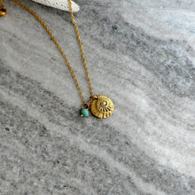 Load image into Gallery viewer, Gold shell fossil charm necklace - gold pewter with aqua Czech glass gem -Beach charm necklace - stainless steel