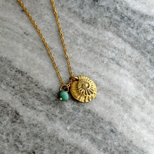Load image into Gallery viewer, Gold shell fossil charm necklace - gold pewter with aqua Czech glass gem -Beach charm necklace - stainless steel