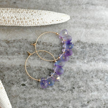Load image into Gallery viewer, 14k gold filled Purple teardrop Czech Glass hoop earrings