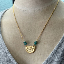 Load image into Gallery viewer, Gold textured half circle necklace with aqua and gold glass beads - stainless steel chain