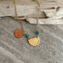 Load image into Gallery viewer, Gold textured half circle necklace with aqua and gold glass beads - stainless steel chain