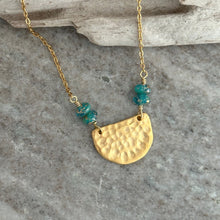 Load image into Gallery viewer, Gold textured half circle necklace with aqua and gold glass beads - stainless steel chain