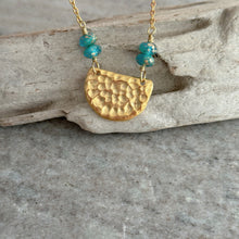 Load image into Gallery viewer, Gold textured half circle necklace with aqua and gold glass beads - stainless steel chain