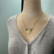 Load image into Gallery viewer, Gold textured half circle necklace with aqua and gold glass beads - stainless steel chain