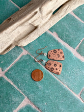 Load image into Gallery viewer, Rustic copper celestial dangle earrings with aurora borealis crystals - moons and stars