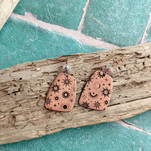 Load image into Gallery viewer, Rustic copper celestial dangle earrings with aurora borealis crystals - moons and stars