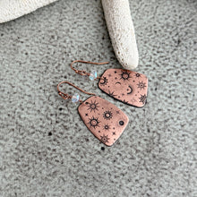 Load image into Gallery viewer, Rustic copper celestial dangle earrings with aurora borealis crystals - moons and stars
