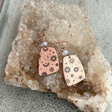 Load image into Gallery viewer, Rustic copper celestial dangle earrings with aurora borealis crystals - moons and stars
