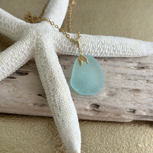 Load image into Gallery viewer, Aqua blue seafoam Sea glass pendant with gold brass mermaid tail bail and stainless steel chain