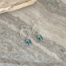 Load image into Gallery viewer, Blue Topaz Colored Quartz Crystal Earrings - Sterling silver Circle earrings with Quartz crystal squares