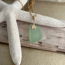 Load image into Gallery viewer, seafoam green Sea glass pendant with gold brass mermaid tail bail and stainless steel chain