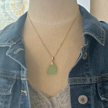 Load image into Gallery viewer, seafoam green Sea glass pendant with gold brass mermaid tail bail and stainless steel chain