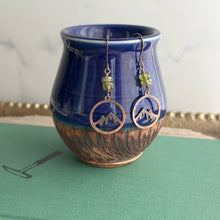 Load image into Gallery viewer, Mountain Silhouette earrings in rustic copper with green Czech glass beads - dangle earrings